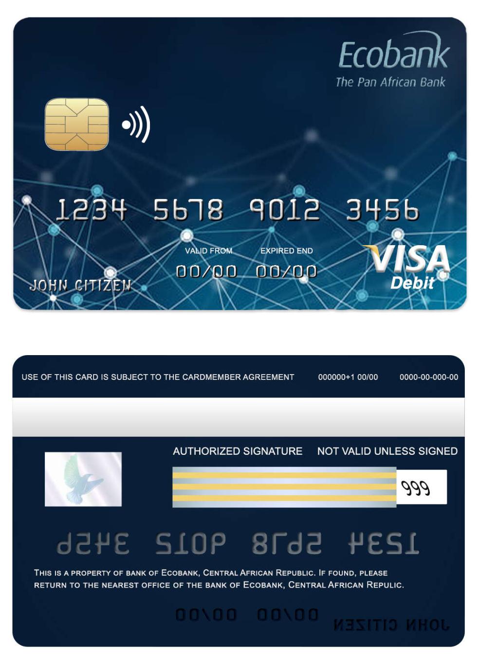 Download Central African Republic Ecobank  bank visa card Photoshop template